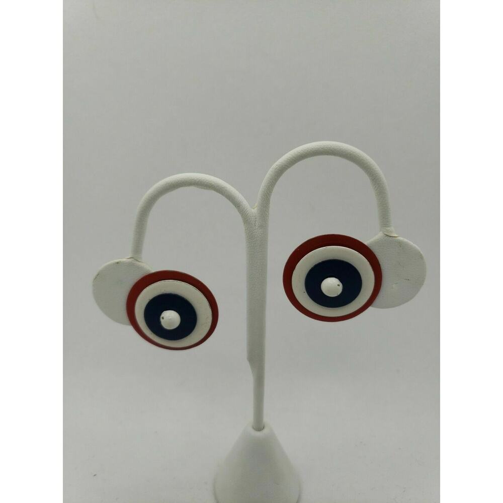 Vintage Red/White/Blue Metal Round Circular Clip On Earrings